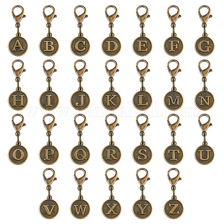 SUPERFINDINGS 52pcs Clip On Charms 26 Letter Zipper Pulls Initials Tibetan Style Alloy Alphabet Pendant Decorations 32mm Antique Bronze Initial Alloy Clasp for Keychain Purse Backpack Ornament AJEW-FH0002-85-1