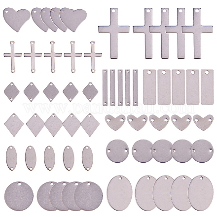 SUNNYCLUE 1 Box 60Pcs 12 Style Blank Stamping Tag Pendants Charms Links with Hole Rectangle Heart Cross Flat Round Rhombus Oval Stainless Steel Links Pendants for Jewelry Making Craft Accessories STAS-SC0001-04P-1