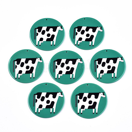 アクリルパーツ  3dプリント  乳牛の模様とフラットラウンド  グリーン＆ブラック＆ホワイト  45x2.5mm  穴：1.8mm KY-S163-172-1