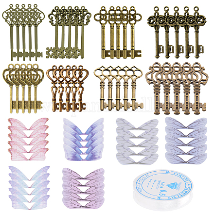 SUNNYCLUE 85PCS Skeleton Key Wing Pendant Kit Vintage Alloy Keys Charms Butterfly Dragonfly Wing Charm with 11 Yards Elastic Crystal String for Adults DIY Necklace Jewelry Making Party Decor DIY-SC0017-45-1