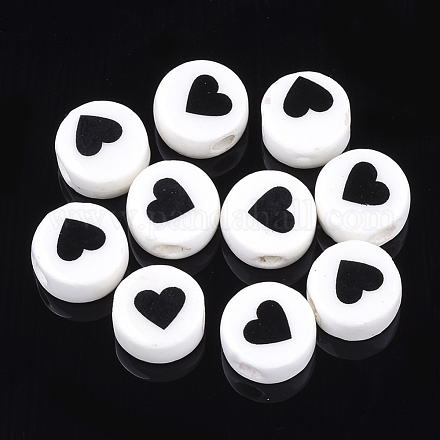 手作りの陶器ビーズ  ハート付きフラットラウンド  乳白色  8~8.5x4.5mm  穴：2mm X-PORC-Q260-02-1