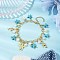 Dyed Synthetic Turquoise Starfish Charm Bracelets, 304 Stainless Steel Cable Chain Bracelets for Women, with Plastic Pearl Beaded & Alloy Sea Turtle & Dolphin Charm, Golden, Dark Turquoise, 7-3/4 inch(19.6cm)