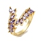 Leaf Brass Micro Pave Cubic Zirconia Open Cuff Rings, for Women, Lead Free & Cadmium Free, Real 18K Gold Plated, Medium Purple, US Size 7 1/4(17.5mm)