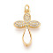 Brass Micro Pave Clear Cubic Zirconia Pendants, with Shell, Cross, with Jump Ring, Real 18K Gold Plated, 26x16.5x3mm, Hole: 3mm