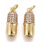 Brass Micro Pave Clear Cubic Zirconia Pendants, Long-Lasting Plated, with Jump Rings, Capsule Shape, Golden, Clear, 16x6x6mm, Hole: 4.5x0.8mm