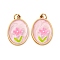 304 Stainless Steel Enamel Pendants, with Jump Ring and Rhinestone, Ion Plating(IP), Oval with Flower Charm, Real 18K Gold Plated, Pink, 18x14x2.5mm, Hole: 2.5mm