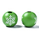 塗られた天然木のヨーロッパのビーズ  大穴ビーズ  印刷  クリスマス  スノーフレークとラウンド  グリーン  16x15mm  穴：4mm WOOD-S057-040-3