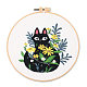 猫と植物の模様のDIY刺繍キット  プリントコットン生地を含む  刺繍糸と針  模造竹刺繍フープ  ブラック  フープ：220x200mm DARK-PW0001-155C-1