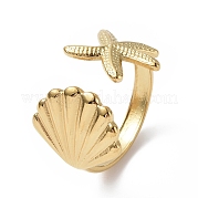 Ion Plating(IP) 304 Stainless Steel Shell with Starfish Open Cuff Ring for Women RJEW-C046-03G