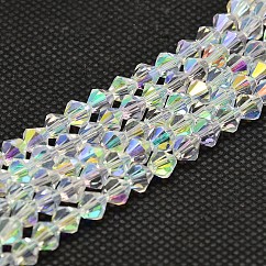 Imitar electrochapa cristal austriaco hebras de abalorios de cristal bicono, color de ab chapado, aa grado, facetados, color de ab chapado, 3.5~3.8x3mm, agujero: 1 mm, aaproximamente aaproximamente 107~110 unidades / cadena, 32.5~34 cm