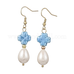 貝殻、真珠、磁器ビーズのぶら下がりピアス  クローバー  304ステンレススチール製のピアスフックと、電気メッキ加工された非磁性合成ヘマタイトビーズを使用  ミックスカラー  53x12mm&nbsp;EJEW-JE07202