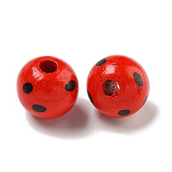 プリントウッドヨーロピアンビーズ  ドット柄とラウンド  レッド  15.5~16mm  穴：4~4.5mm&nbsp;WOOD-G022-18J