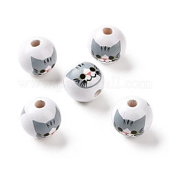 プリントウッドヨーロピアンビーズ  大穴ビーズ  猫柄のラウンド  グレー  15.5~16x14.5~15mm  穴：4.6mm&nbsp;WOOD-B005-01D