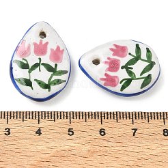 手作りの磁器のペンダント  手描き  ファミーユは磁器バラ  花のチャームが付いたティアドロップ  淡いバイオレットレッド  27x20x6.5mm  穴：1.8mm&nbsp;PR-CBA91FD-03A