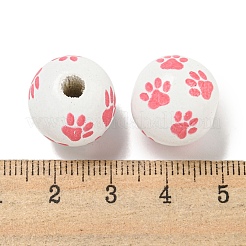 プリントウッドヨーロピアンビーズ  足跡模様で丸い  サクランボ色  15.5~16mm  穴：4~4.5mm&nbsp;WOOD-G022-09E