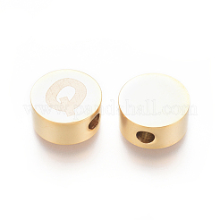 304ステンレススチールビーズ  アルファベット付きフラットラウンド  文字.q  10x4.5mm  穴：2mm&nbsp;STAS-I126-02G-Q