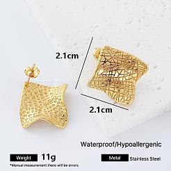 女性用テクスチャ加工304ステンレススチール製スタッドピアス  ナゲットは四角い形をしている  ゴールドカラー  21x21mm&nbsp;LS-AM8265
