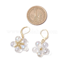 ガラスシードビーズフラワーフレンチフックピアス  304ステンレススチール製金具付き  ゴールドカラー  透明  40x22mm&nbsp;EJEW-MZ00427-01