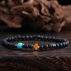 Natürliche Lavasteine und synthetische Türkis-Rundperlen und synthetische nicht magnetische Hämatit-Kreuz-Stretcharmbänder&nbsp;LS-SL0705
