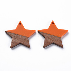 不透明な樹脂とクルミ材のペンダント  ツートン  スター  ダークオレンジ  26x28.5x3mm  穴：1.8mm&nbsp;RESI-T035-39A