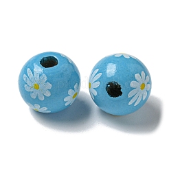 プリントウッドヨーロピアンビーズ  デイジー模様の丸い  空色  15.5~16mm  穴：4~4.5mm&nbsp;WOOD-G022-19I