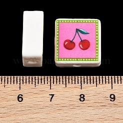 印刷された手作りの磁器のビーズ  正方形  ショッキングピンク  15~15.5x15~15.5x7.5~8mm  穴：2mm&nbsp;PORC-G016-04W