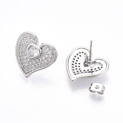Серьги-гвоздики из латуни в форме сердца с прозрачным фианитом и паве EJEW-M258-32P