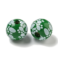 プリントウッドヨーロピアンビーズ  足跡模様で丸い  グリーン  15.5~16mm  穴：4~4.5mm&nbsp;WOOD-G022-09J