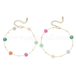 Браслеты на лодыжку из латунных и стеклянных бусин в виде цветочных звеньев AJEW-AN00730