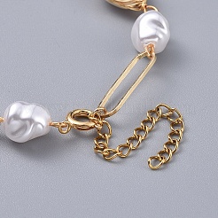 プラスチックイミテーションパールビーズブレスレット  真鍮パーツ  ゴールドカラー  ホワイト  7-1/2インチ（19.2cm）&nbsp;X-BJEW-JB04549