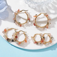 3 サイズの天然ルチルクォーツチップフープピアス 3 ペア  304ステンレスワイヤーラップイヤリング  23~35x5~8.5mm  1ペア/サイズ&nbsp;EJEW-JE05710-05