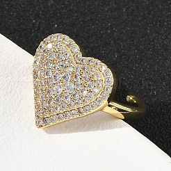 Manschettenringe aus Messing mit Mikropflaster und Zirkonia in Herzform für Damen&nbsp;RJEW-A069-12G