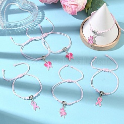 Ensemble de 6 bracelet en nylon tressé avec breloques en ruban rose émaillé et alliage ajustable (3 styles).&nbsp;BJEW-YW00019