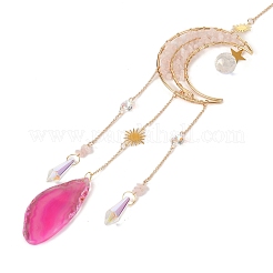 Луна из натурального розового кварца в проволочной оплетке с подвесками в виде дерева жизни&nbsp;HJEW-K046-07G-05