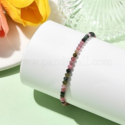Bracelets extensibles en perles rondes de tourmaline multicolore naturelle de 3 mm avec perles en laiton doré&nbsp;BJEW-JB14407-01