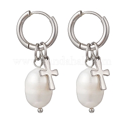 Натуральный культивированный пресноводный жемчуг рис с серьгами-кольцами EJEW-JE06744