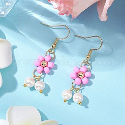 6ペア6色のシェルパールビーズとガラスシードダングルイヤリング  女性用304ステンレスジュエリー  花  ゴールドカラー  ミックスカラー  46x12.5mm  1ペア/カラー&nbsp;EJEW-MZ00310
