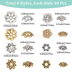 240 Stück 8 Stile Blumenperlenkappen im tibetischen Stil aus Legierung&nbsp;FIND-SC0016-06