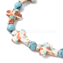 5 bracciale elastico con perline rotonde e croce in turchese sintetico&nbsp;BJEW-JB12341