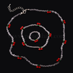 Halsketten & Armband & Fingerring-Sets aus Kirschglasperlen für Damen&nbsp;SJEW-TA0001-07