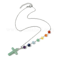 Chakra-Anhänger aus natürlichem grünem Aventurin mit religiösem Kreuzmotiv&nbsp;NJEW-JN06268-01