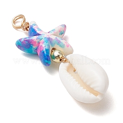 Подвески из окрашенной синтетической бирюзы в виде морской звезды и натуральной ракушки каури PALLOY-JF03932