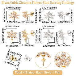 4 пара 4 стильных сережек-гвоздиков из латуни с кубическим цирконием в форме цветка EJEW-BBC0001-15