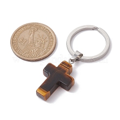 ナチュラルタイガーアイキーホルダー  304ステンレススチール製スプリットキーリング付き  クロス  5.6cm  クロス：37.5x18x5.5mm&nbsp;KEYC-JKC00729-04