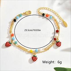 Cavigliere a doppio strato in ottone smaltato stile bohemien con ciondolo a fragola rossa e perline di plastica&nbsp;ZF7781-1