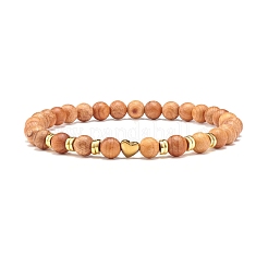 Bracciale elasticizzato con perline tonde in legno naturale&nbsp;BJEW-JB07129
