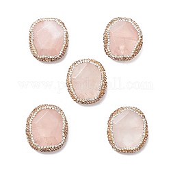 Perlas naturales de cuarzo rosa, con rhinestone de arcilla polimérica, facetados, pepitas, 29.5~31x26~27x7~9mm, agujero: 1 mm