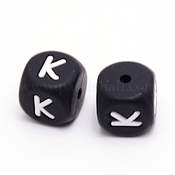 Silicone Beads, Cube with Letter.K, Black, 12x12x12mm, Hole: 2mm