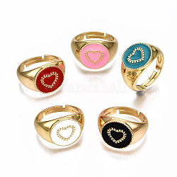 Adjustable Brass Enamel Finger Rings, Nickel Free, Flat Round with Heart, Real 16K Gold Plated, Mixed Color, US Size 7 1/4(17.5mm)