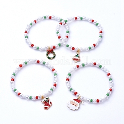 Christmas Theme Stretch Charm Bracelets, with Glass Seed Beads, Acrylic Imitation Pearl Beads and Alloy Enamel Pendants, Mixed Shape, Mixed Color, Inner Diameter: 2-3/8 inch(6cm)